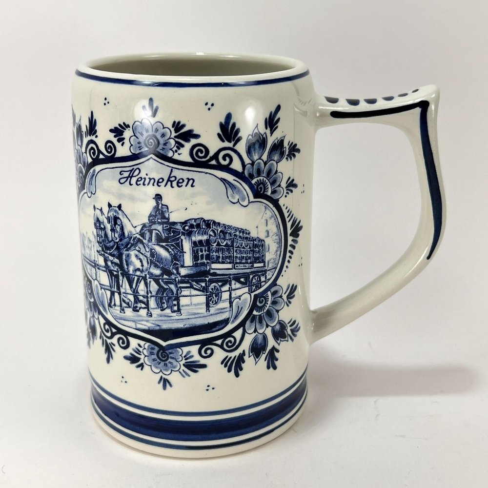 Vtg Heineken Beer Mug Delft Blue Floral Allied Forces Porcelain 20 oz Holland